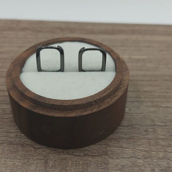 Gunmetal 925 Sterling Silver Rectangle Huggies Earrings - Picture 2 of 10